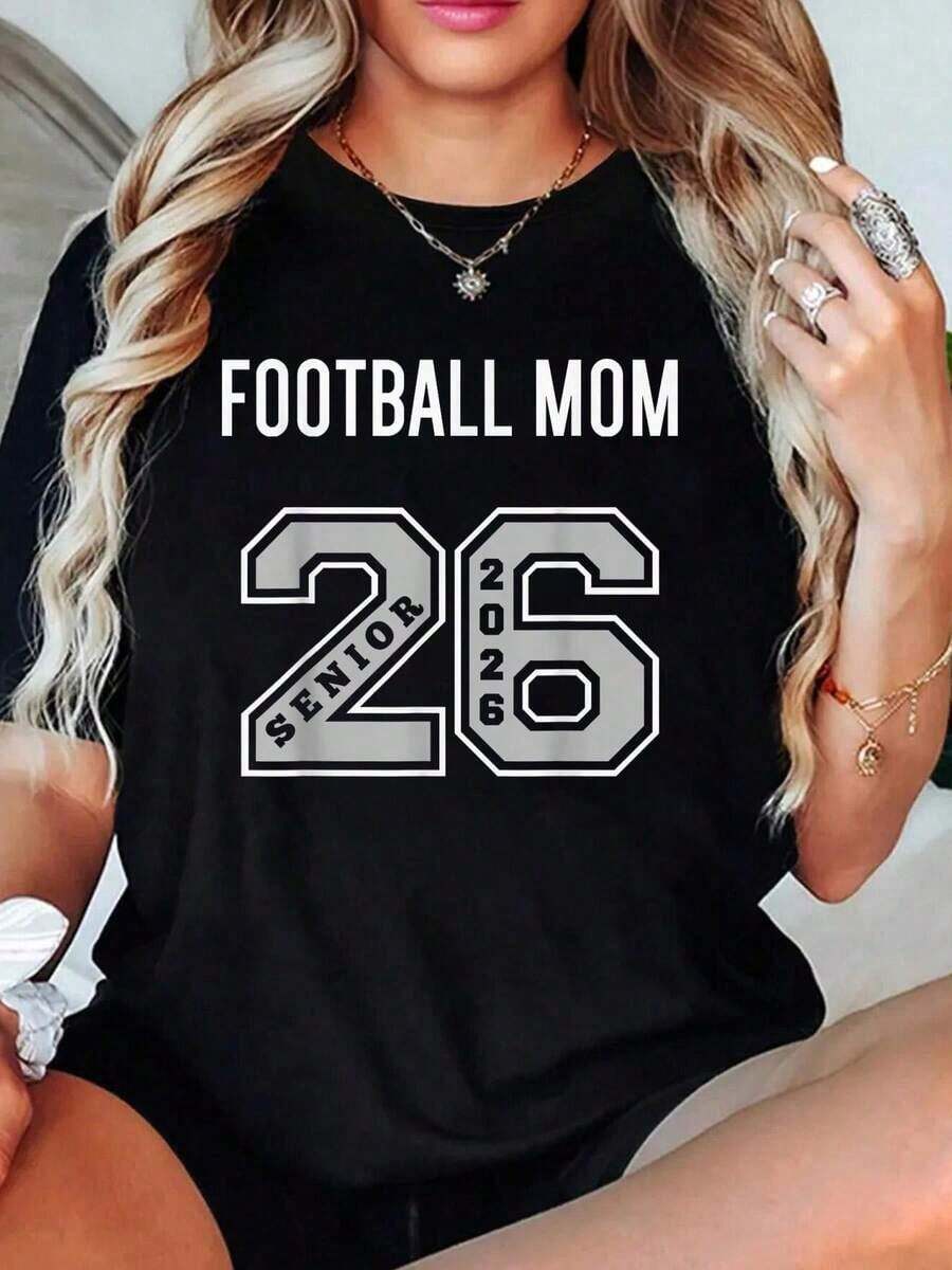 100% Cotton FOOTBALL MOM 2026 SENIOR - FOOTBALL MOM SENIOR CLASS 26 T-Shirt Sets For Women - 黑色 - 查看 1