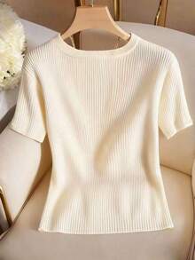 Camiseta de mujer elegante y casual de cuello en V y manga corta - Albaricoque - Ver 2