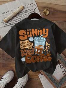 [Double-Sided Printing] Fashionable Women's Top, Women's Summer Clothing, American Style, Coffee Color, Printed With The Word Sunny, Round Neck, Pure Cotton Short-Sleeved T-Shirt, Comfortable And Soft, Cotton T-Shirt For Daily Wear. - 黑色 - 查看 3