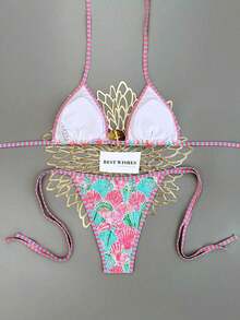 Conjunto de bikini sexy de cuello halter y lazo para mujer en bloque de color para vacaciones, playa de verano - Multicolor - Ver 2