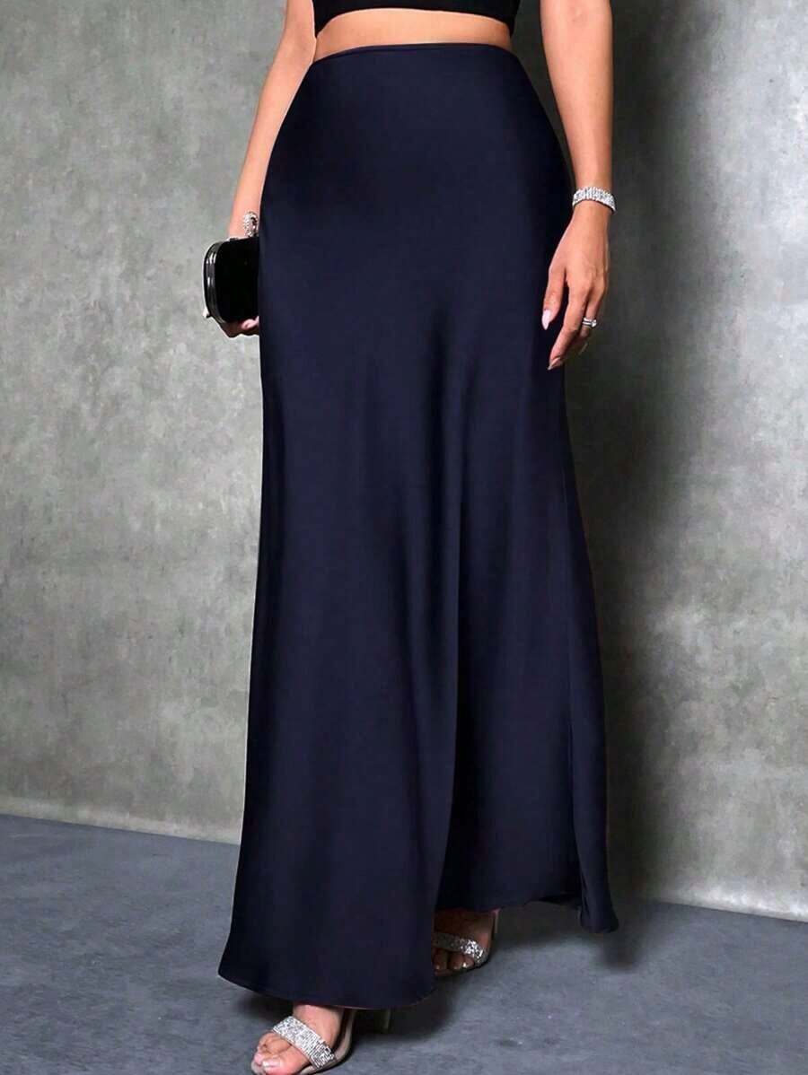 Falda de estilo de cola de sirena de unicolor para mujer, falda de satén, falda larga elegante, adecuada para fiestas y uso diario - azul real - Ver 1