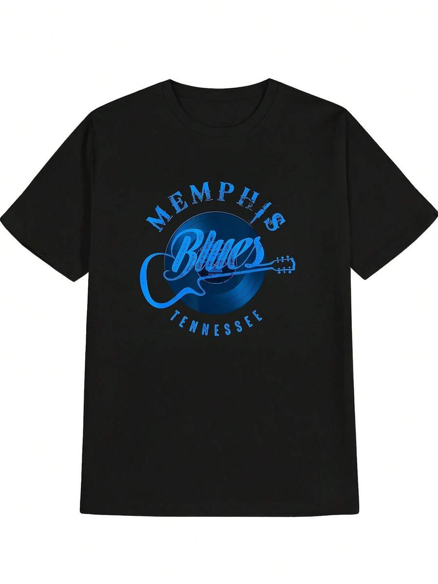 Camiseta Vintage de Música de Memphis, Tennessee, para Hombre - 100% Algodón, Corte Holgado, Cuello Redondo, Gráfico de Música Blues con Guitarra y Letras de Memphis, Estilo Retro Casual para Conciertos y Ropa Informal (Tallas S-XXXL) - Regalo Ideal para Músicos - Negro - Ver 1