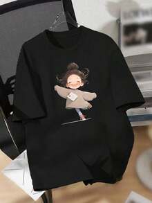 Plus Size Casual T-Shirt With A Print Of A Smiling, Healing Girl - 黑色 - 查看 1