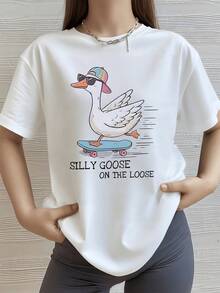 Ganso divertido con gafas y gorra multicolor montando una patineta que transmite energía y humor juvenil ideal para días relajados camiseta de mujer casual moderna y cómoda para uso diario - Blanco - Ver 8