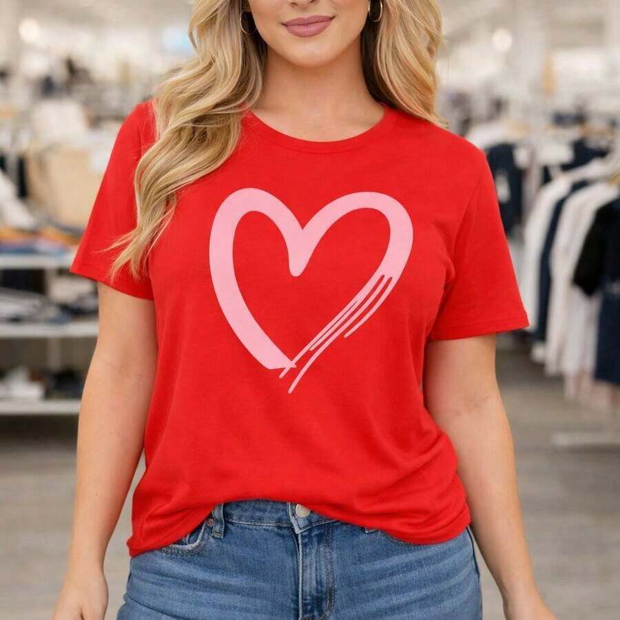 Plus Size Women's Cotton T-Shirt With Pink Heart Print, Casual Short Sleeve Round Neck T-Shirt, Loose Fit, Basic Top For Everyday Wear, Comfortable Plus Size Clothing, Suitable For Spring, Summer And Autumn. - 紅色 - 查看 1