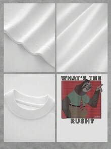 Imagen divertida de un perezoso con camisa y corbata transmitiendo una actitud relajada con la frase What's the rush reflejando humor y calma camiseta de mujer  casual cómoda y moderna para uso diario - Blanco - Ver 4