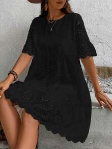 Women's Solid Color Casual Holiday Dress With Openwork Embroidery - Black - View 5