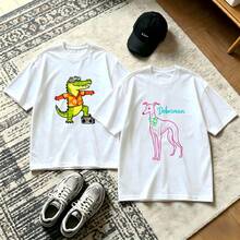 2-Piece Couple Matching Pattern T-Shirt, 100% Cotton, Loose Fit, Soft And Breathable, Casual Round Neck Short Sleeved Top Love Print With Abstract Design Versatile Patterns No Picky Combinations Coordinated Dating Casual Travel Simple And Cartoonish Printing Styles High Cost-Effectiveness Couple - 白色 - 查看 1