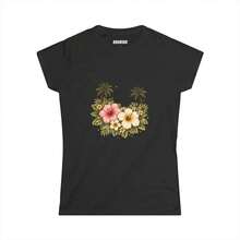 Camiseta con Estampado de Ramo de Hibisco Tropical |   Palmeras, Estilo Floral Hawaiano - alta calidad - Negro - Ver 1
