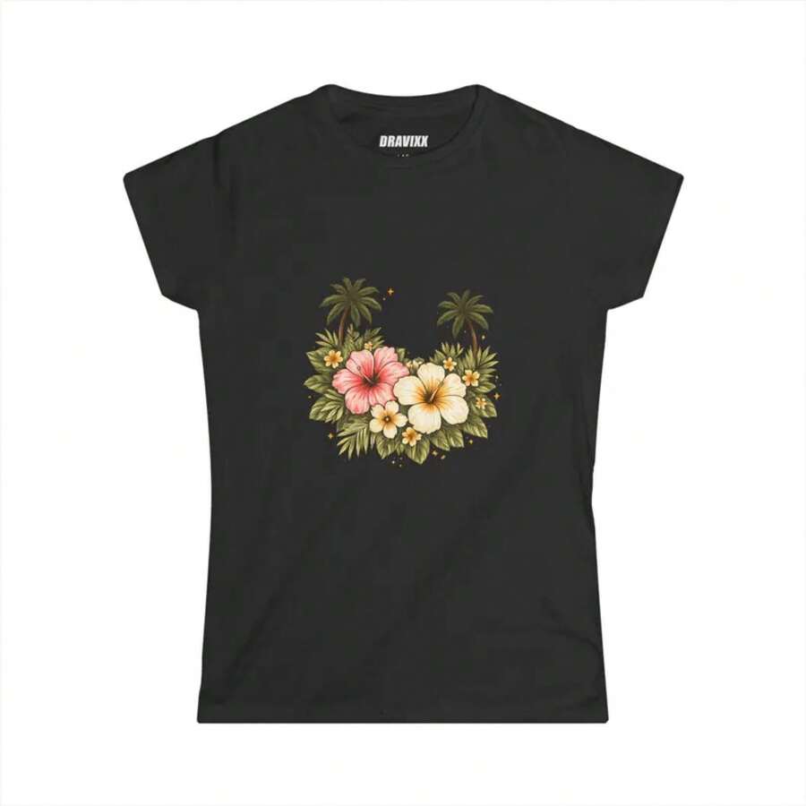 Camiseta con Estampado de Ramo de Hibisco Tropical | Palmeras, Estilo Floral Hawaiano - alta calidad - Negro - Ver 1