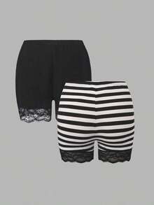 Conjunto de 2 Piezas de Leggings de Encaje en Contraste para Mujer Talla Grande, Verano - Multicolor 2 - Ver 2
