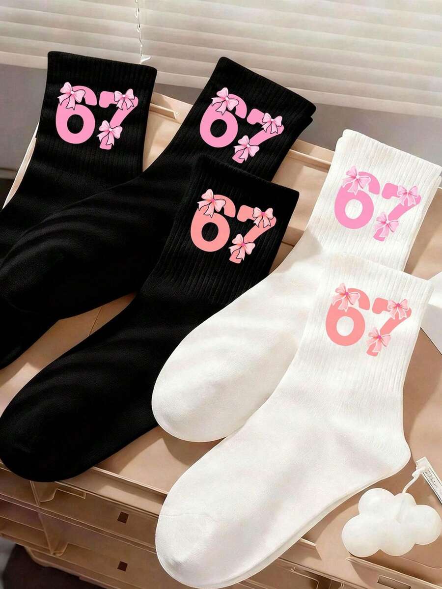 4 Pairs Random Color 67 Bow Tie Children's Socks, Y2K Retro Sweet ...