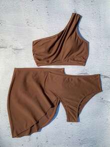 Swim Vcay Bikini minimalista de 2 piezas de color liso para vacaciones en la playa en verano 2025 - Café integral - Ver 3