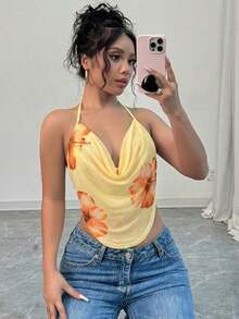 Camiseta ajustada con cuello en V profundo y estampado floral de malla elegante y sexy para mujer, ideal para el verano y las vacaciones - Naranja 2 - Ver 8