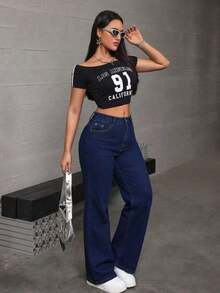 Jeans rectos de mezclilla azul oscuro efecto levantador de glúteos elásticos sueltos - Azul lavado oscuro - Ver 6