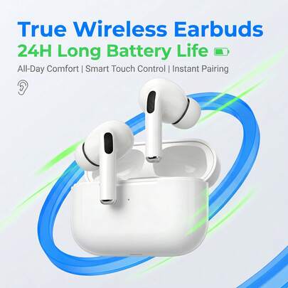 无线蓝牙耳机，TWS耳机，跑步耳机。佩戴舒适，即使长时间使用也不会感到疼痛。深沉的低音搭配HiFi环绕立体声。配备充电盒，支持快速充电，时尚简约设计。适用于健身、跑步、办公、娱乐、户外活动和日常使用。兼容iOS和安卓系统。
