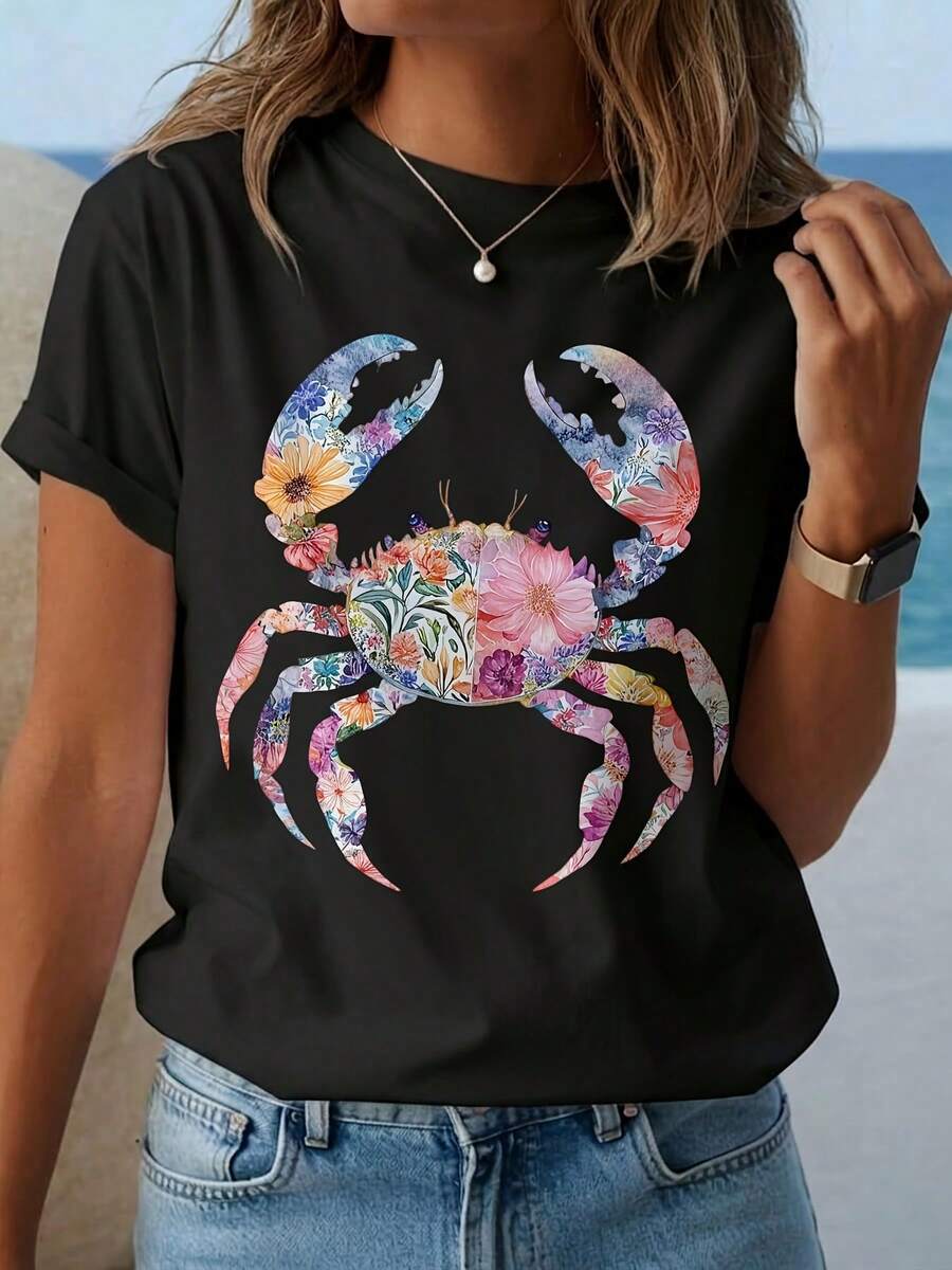 Camiseta de mujer con estampado de cangrejos y flores, camiseta casual de manga corta con cuello redondo y temática de frutas, adecuada para vacaciones y uso diario - Camiseta unisex de algodón holgada de manga corta y cuello redondo estilo vintage, blusas para mujer. blusas.blusas casuales para dama. - Negro - Ver 1