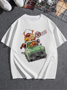 Ilustración divertida de grupo de personajes de colores viajando en coche verde simbolizando amistad aventura y alegría camiseta de mujer  cómoda y moderna para uso diario - Blanco - Ver 3