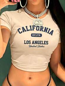 Women's Vintage Graphic T-Shirt With California Los Angeles Design - Casual Crew Neck, Short Sleeve, Cotton, Machine Washable, EST 1776 Print2025 - 杏子 2 - 查看 1
