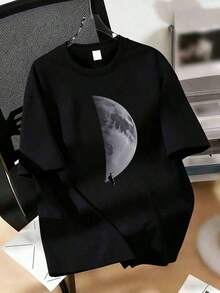 Short-Sleeved T-Shirt With A Printed Design And Round Neck, A Casual Top For Spring And Summer, Plus-Size Women's Clothing Suitable For Everyday Wear, Outings, Parties, School, Music Festivals, Vacations, And Casual Outings. It Can Be A Gift For Family, Boyfriends, Girlfriends, Friends, Or As Summer Clothing For Girls. - 黑色 - 查看 4