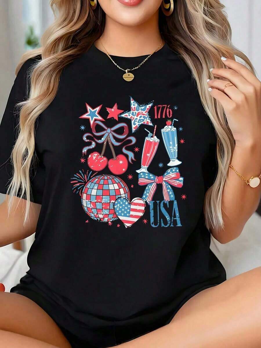 Camiseta Patriótica Vintage para Mujer "America Cherries" - Camiseta Gráfica para Celebración del 4 de Julio, Camiseta Patriótica para el Día de la Independencia, Camiseta Casual de Manga Co - Negro - Ver 1