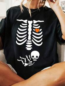 Women's Gothic Maternity T-Shirt With Skeleton And Bone Print - Black And White Pregnancy Top With Heart Cutouts, High Elasticity Crew Neck, Short Sleeve, Machine Washable, Casual Top For All Seasons, Themed Events And Casual Outfits, Halloween Costume, High Elasticity Fabric, Breathable Material, For Halloween Lovers And Expectant Mothers - 黑色 - 查看 1