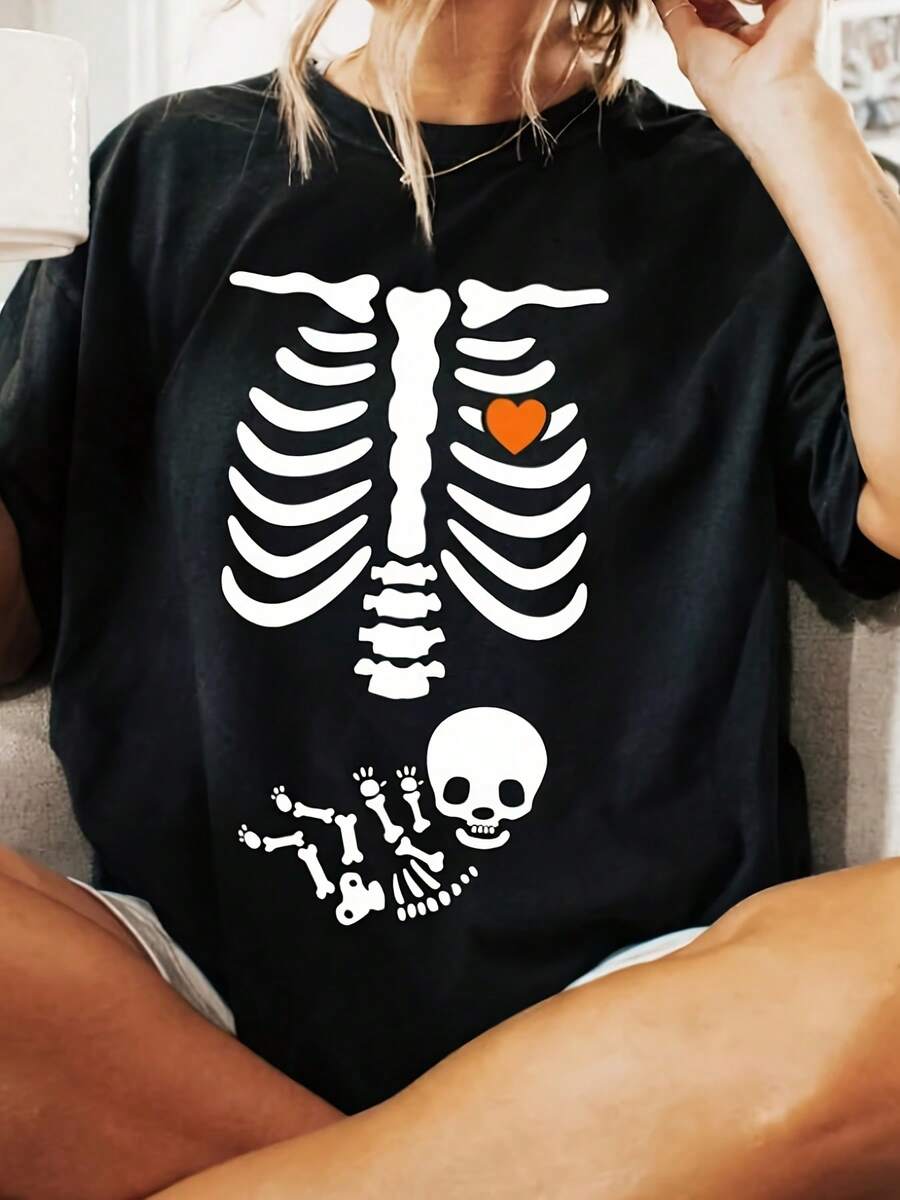 Women's Gothic Maternity T-Shirt With Skeleton And Bone Print - Black And White Pregnancy Top With Heart Cutouts, High Elasticity Crew Neck, Short Sleeve, Machine Washable, Casual Top For All Seasons, Themed Events And Casual Outfits, Halloween Costume, High Elasticity Fabric, Breathable Material, For Halloween Lovers And Expectant Mothers - 黑色 - 查看 1