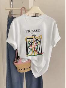 Camiseta Casual de Manga Corta y Cuello Redondo 100% Algodón con Estampado Artístico de Retrato Femenino Abstracto 2026, Adecuada para Verano y Primavera, Ropa de Mujer - Blanco - Ver 1