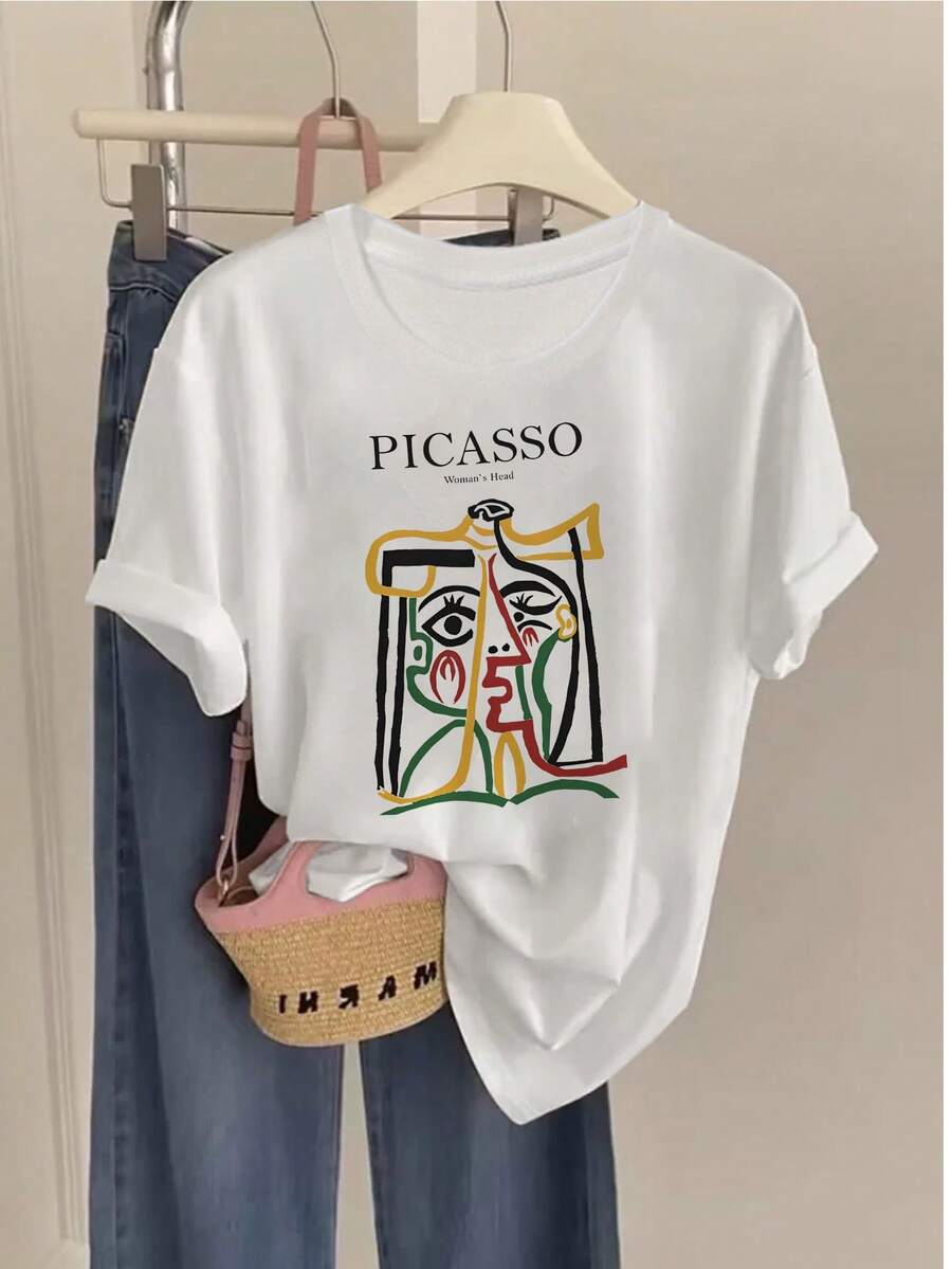 Camiseta Casual de Manga Corta y Cuello Redondo 100% Algodón con Estampado Artístico de Retrato Femenino Abstracto 2026, Adecuada para Verano y Primavera, Ropa de Mujer - Blanco - Ver 1