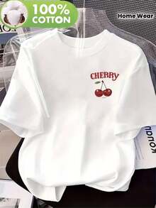 Women's Printed T-Shirt Made From 100% Cotton; Features A Cherry Print Design; A Soft And Comfortable Blouse For Women's Loungewear, Suitable For All Seasons; A Breathable And Moisture-Wicking Short-Sleeved Casual T-Shirt For Women. - 白色 - 查看 8