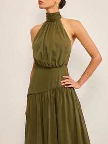 Elegant Midi Dress 2026 European And American Style, Halter Neck, Open Back With Floating Ribbons, Sensual Design For Women - Olive Green - View 3