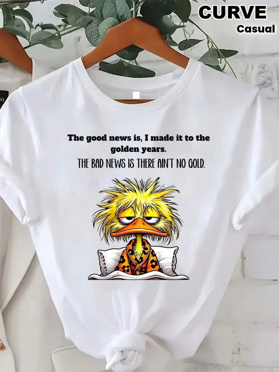 Funny, Soft, And Self-Deprecating Duck T-Shirt, 200g Pure Cotton. The Good News Is I've Reached My Golden Years, The Bad News Is I'm Broke. Cartoon Duck Print, Unisex Casual Short-Sleeved Crew Neck T-Shirt, Stylish Blouses For Women. - 白色 - 查看 1