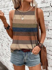 Camiseta de tirantes holgada de verano para mujer, estampado de patrón de correa de mezclilla, elegante y versátil, apta para uso casual, vacaciones y paseos, con un estilo minimalista y retro - Multicolor 8 - Ver 4
