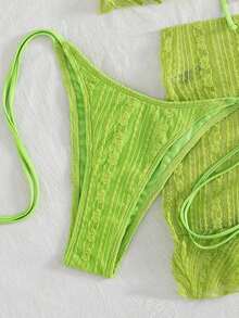 Conjunto de bikini de 3 piezas con tapa de falda, estilo de vacaciones en la playa, para mujer, con bikini halter sin espalda y encaje sexy - Verde lima - Ver 4