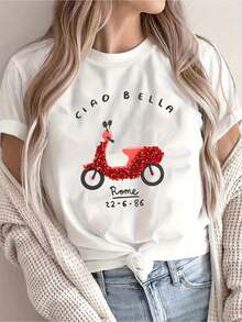 Camiseta Gráfica para Mujer con Diseño Italiano "Ciao Bella" de Scooter y Roma - Manga Corta, Cuello Redondo, Corte Holgado, Blusa Casual de Verano - Camiseta con Frase Italiana para Atuendos Casuales y Estilo Italiano - Blanco - Ver 7