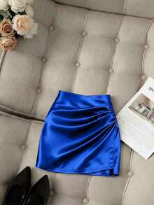 Falda ajustado plisada de cintura alta con dobladillo asimétrico brillante y elegante para mujeres, primavera/verano - azul real - Ver 6