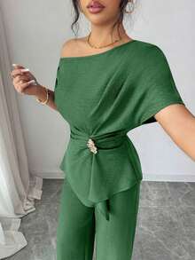 onjunto de primavera/verano para mujer con pantalón ancho de una sola manga con hebilla metálica en la cintura, adecuado para uso diario, bodas, galas, ir al trabajo, fiestas de graduación, vacaciones, citas, fiestas, Halloween, Navida - Verde militar - Ver 6