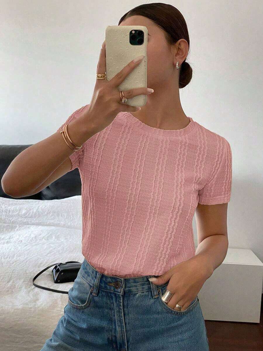 Camiseta de cuello redondo de manga corta de unicolor para mujer, versátil para el verano - Rosa - Ver 1