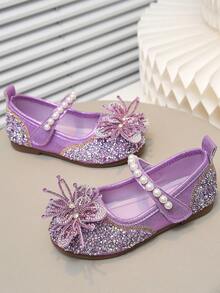 Girls' Princess Style Crystal Soft Bottom Shoes, Bow & Pearl Decor, Versatile For Spring, Summer, Autumn Daily Wear, School, Commute - Purple - View 4