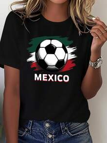 Camiseta de Mujer con Estampado de la Bandera de Fútbol Mexicano, Camiseta de Algodón Puro Cómoda para Mujer, Tops para Mujer - Negro - Ver 7