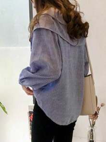 Camisa de mujer con estampado de rayas, diseño holgado y casual, con mangas largas. - Azul - Ver 2