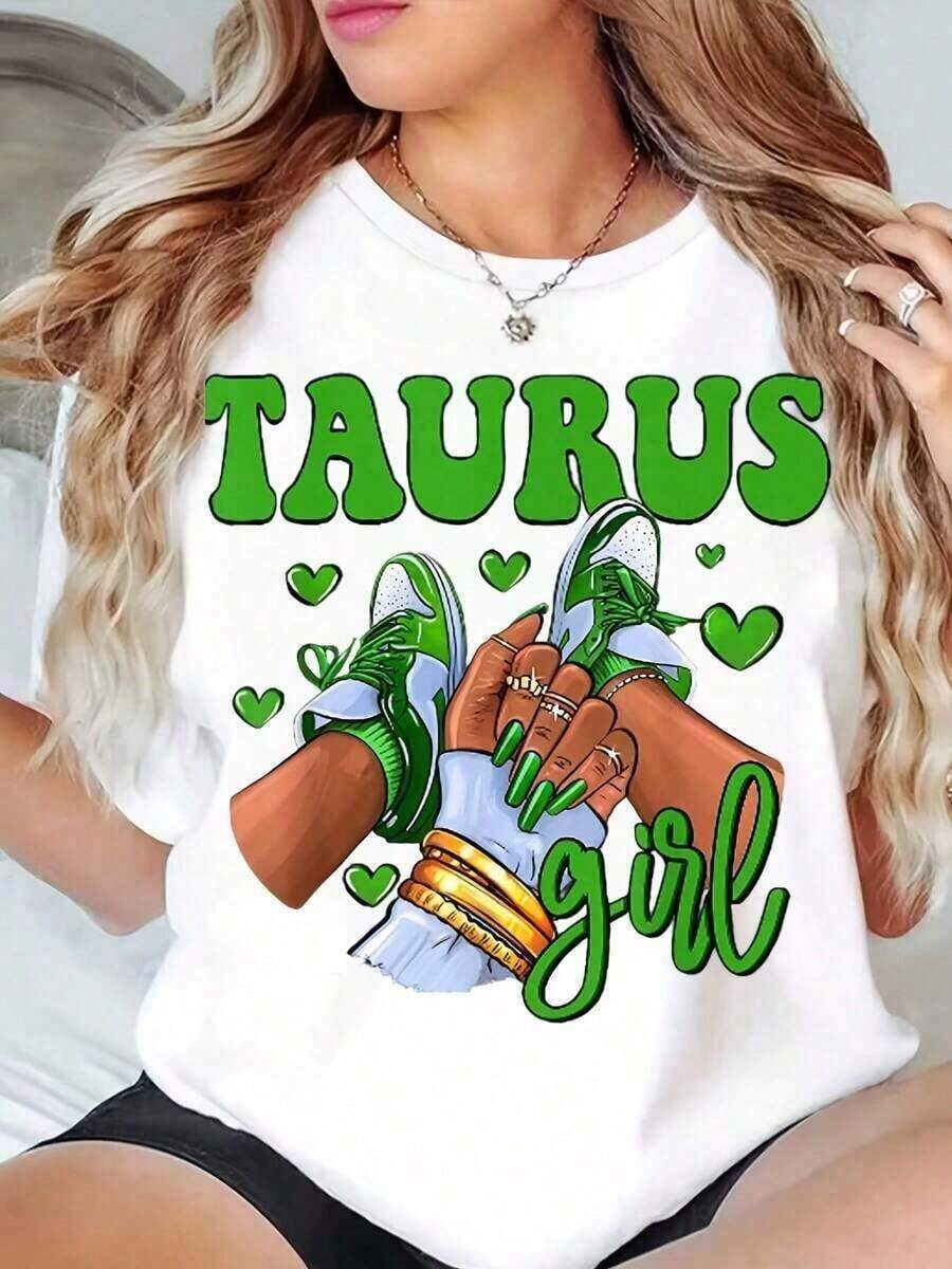 Unisex T Shirt Taurus Girl With Bull And Sneakers Print Round Neck T Shirt For Casual Wear And Zodiac Lovers Four Seasons Outfit Everyday Leisure Clothing Gift For Family And FriendsCotton T-Shirt - 白色 - 查看 1
