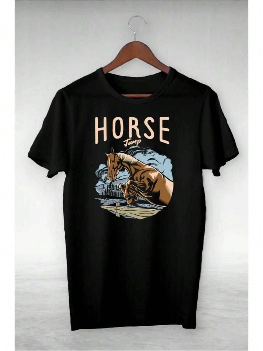 - Unisex Summer Oversized T-Shirt With Jumping Horse Print, Loose And Comfortable - Back - View 1