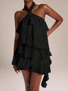 Vestido mini con cuello de halter, estampado de teñido anudado con flores rojas y volantes en el bajo, adecuado para fiestas, vacaciones, banquetes, bodas, salidas nocturnas, citas románticas, primavera/verano - Negro - Ver 5