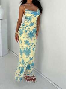 Fitted Dress With Low-Cut Print, Elegant Style Spring 2026 - 黃色 - 查看 1