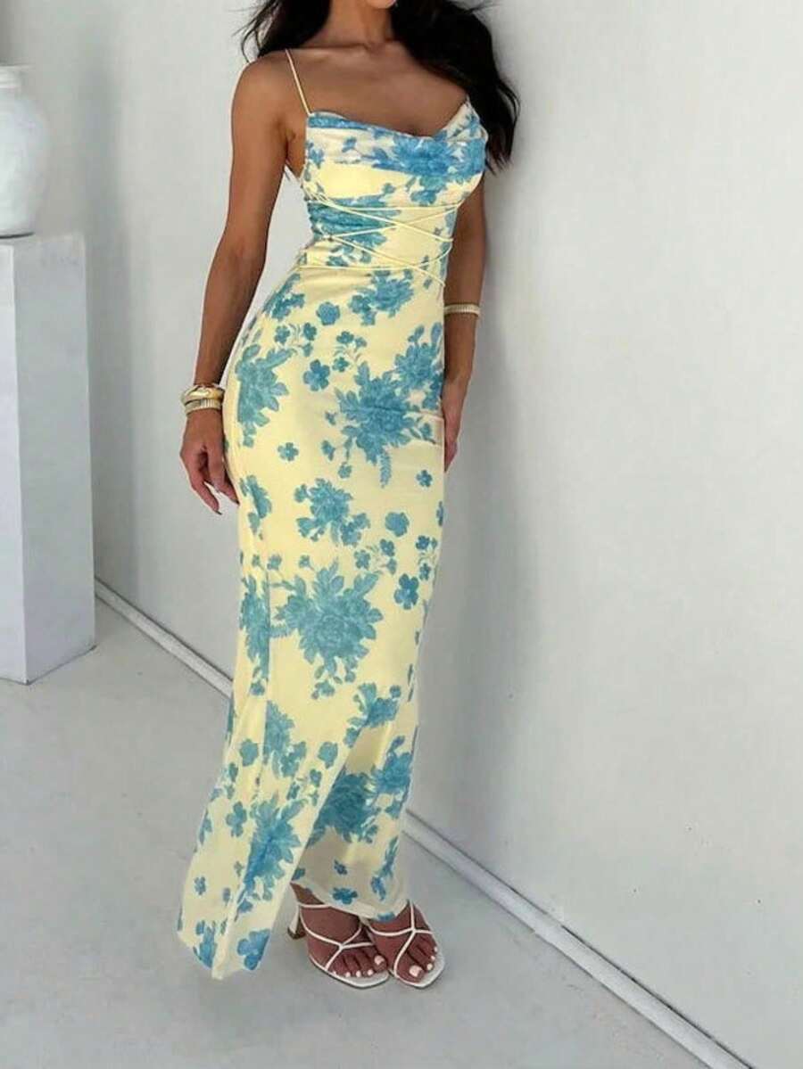 Fitted Dress With Low-Cut Print, Elegant Style Spring 2026 - 黃色 - 查看 1