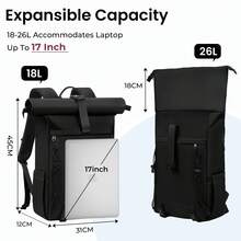 Rolltop Rucksack Damen Herren, Rucksack Wasserdicht, Laptop Rucksack 17 Zoll Groß Reiserucksack Daypacks Backpack Wanderrucksack Schwarz - Schwarz - Übersicht 3