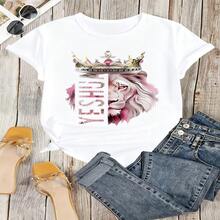 Lion Queen Graphic T-Shirt, 100% Cotton Oversized Soft Breathable Casual Crewneck Short Sleeve Top, Aesthetic Summer Vibes Streetwear Tee for Women & Animal Lovers - Blanco - Ver 6