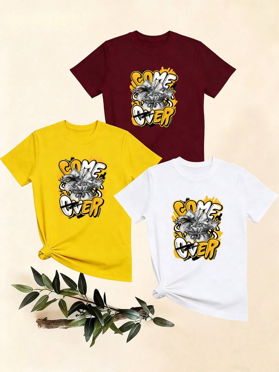 Women's T-Shirts, Women's T-Shirts, One-Piece T-Shirt With Letter Print And Urban Graffiti Style Money Bag, Casual And Comfortable Short-Sleeved Top. - 1件白色隨機圖案 - 查看 1
