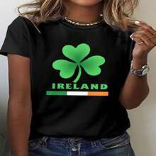 1 Piece, Classic And Versatile Pure Cotton Short-Sleeved T-Shirt, Ideal For Wearing In Any Season, With A Feminine Irish Print And Modern Style - 黑色 - 查看 2
